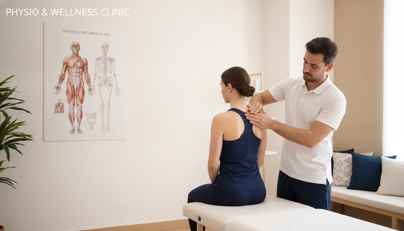 Fizioterapevt obravnava ramo pacientke v svetli kliniki